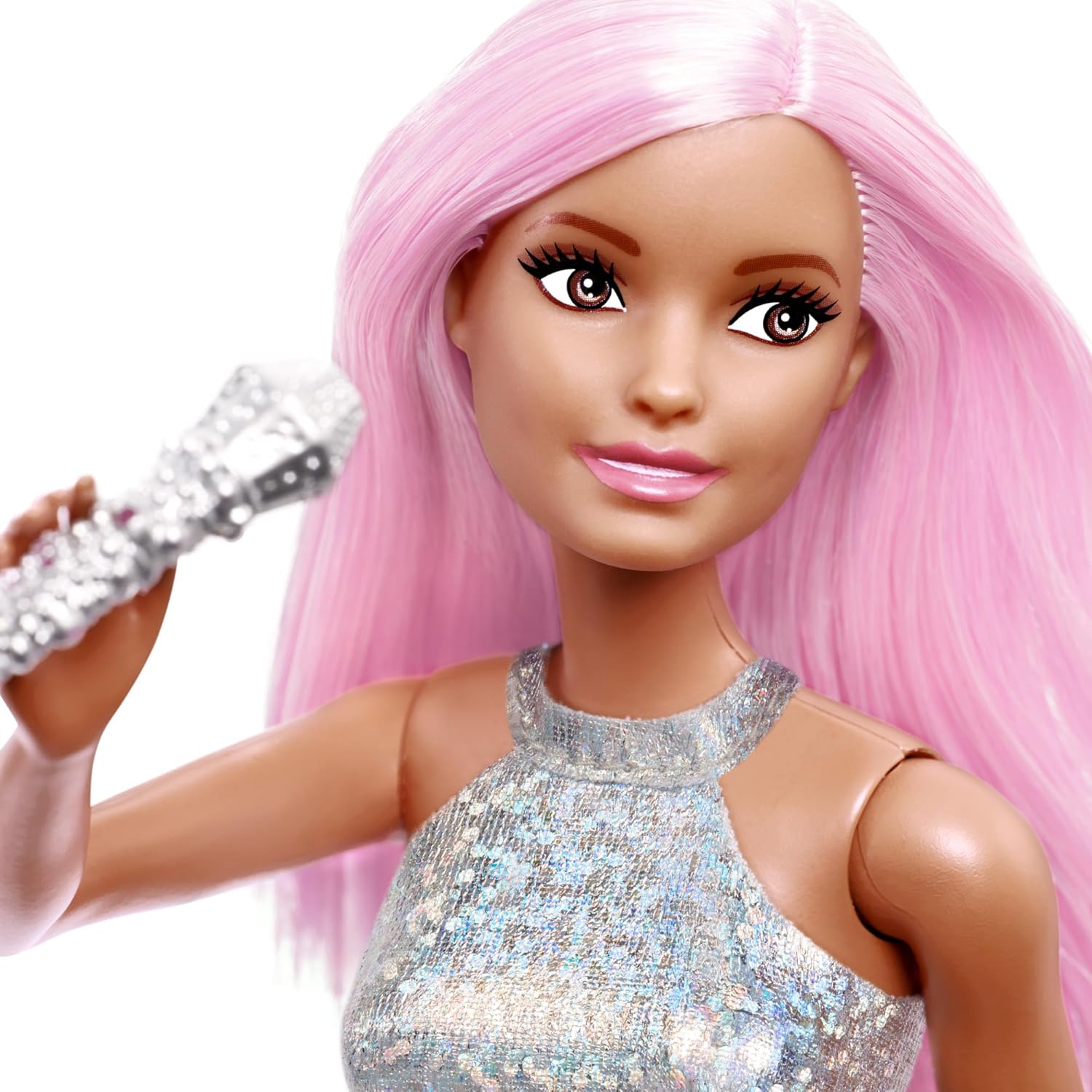 Barbie Pop-Star-Puppe gekleidet in einem schillernden Rock mit Mikrofon und rosafarbenem Haar, Geschenk für Kinder von 3 bis 7 Jahren, JCW42