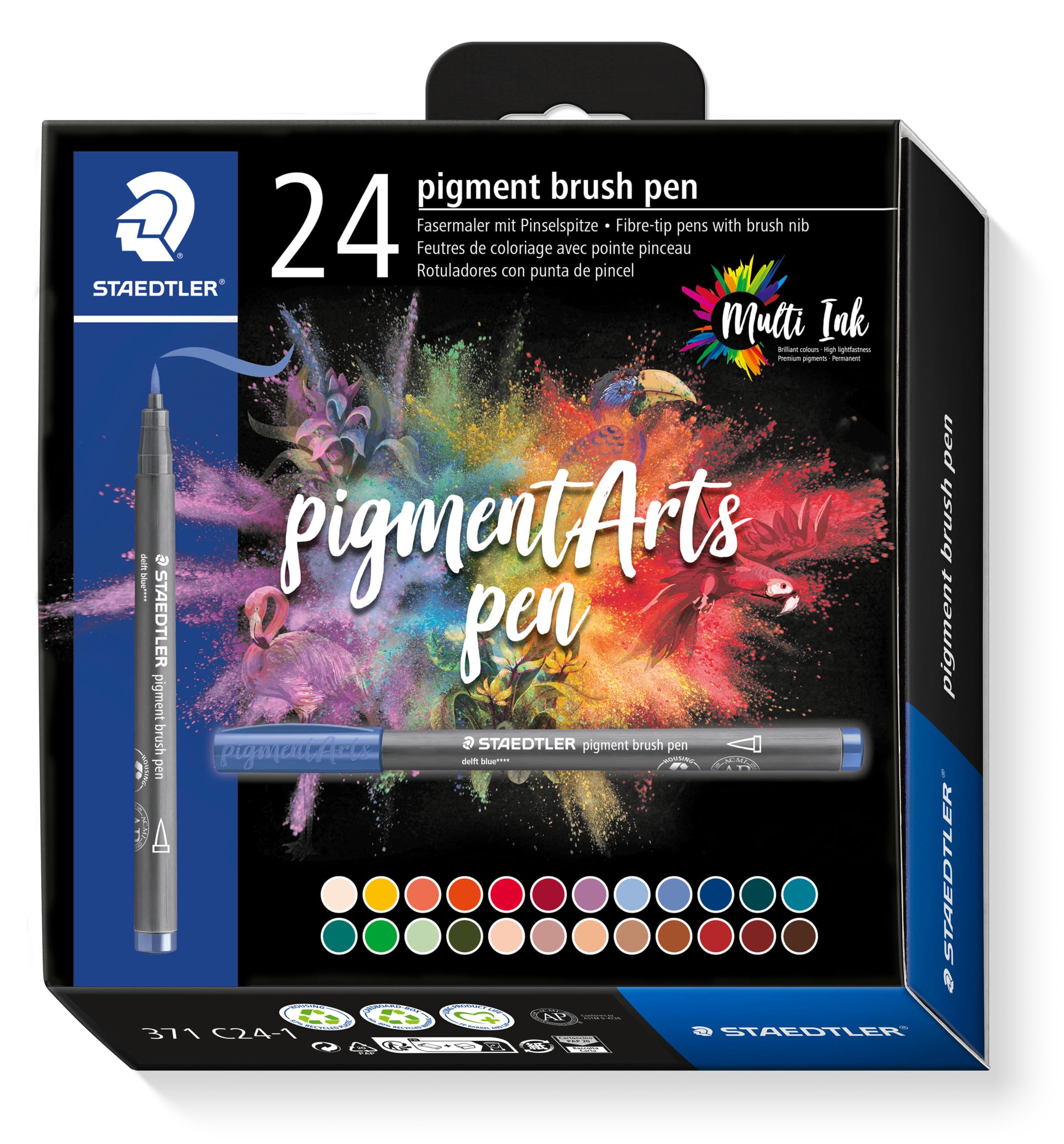 STAEDTLER Brush Pen Pigment Arts, premium tekeninkt, penseelpunt voor variabele lijnbreedte, waterbestendig, sneldrogend, 24 penseelstiften in gesorteerde kleuren in kartonnen etui, 371 C24-1