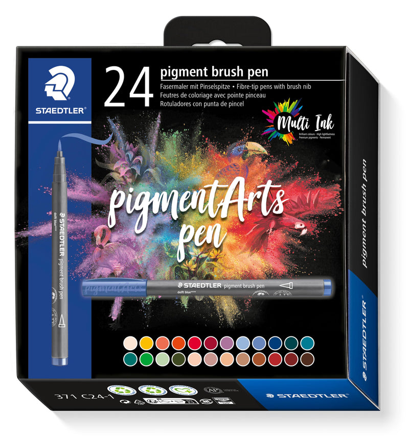 STAEDTLER Brush Pen Pigment Arts, premium tekeninkt, penseelpunt voor variabele lijnbreedte, waterbestendig, sneldrogend, 24 penseelstiften in gesorteerde kleuren in kartonnen etui, 371 C24-1