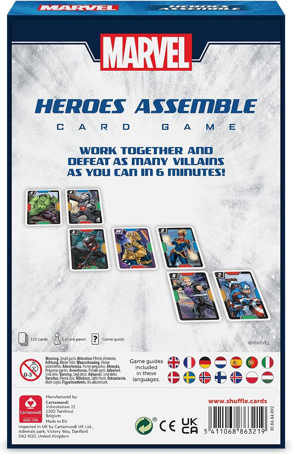 Shuffle Marvel Heroes Assemble Juego de cartas Victorias villanos en 6 minutos, 2 – 4 jugadores, gran regalo para niños a partir de 8 años