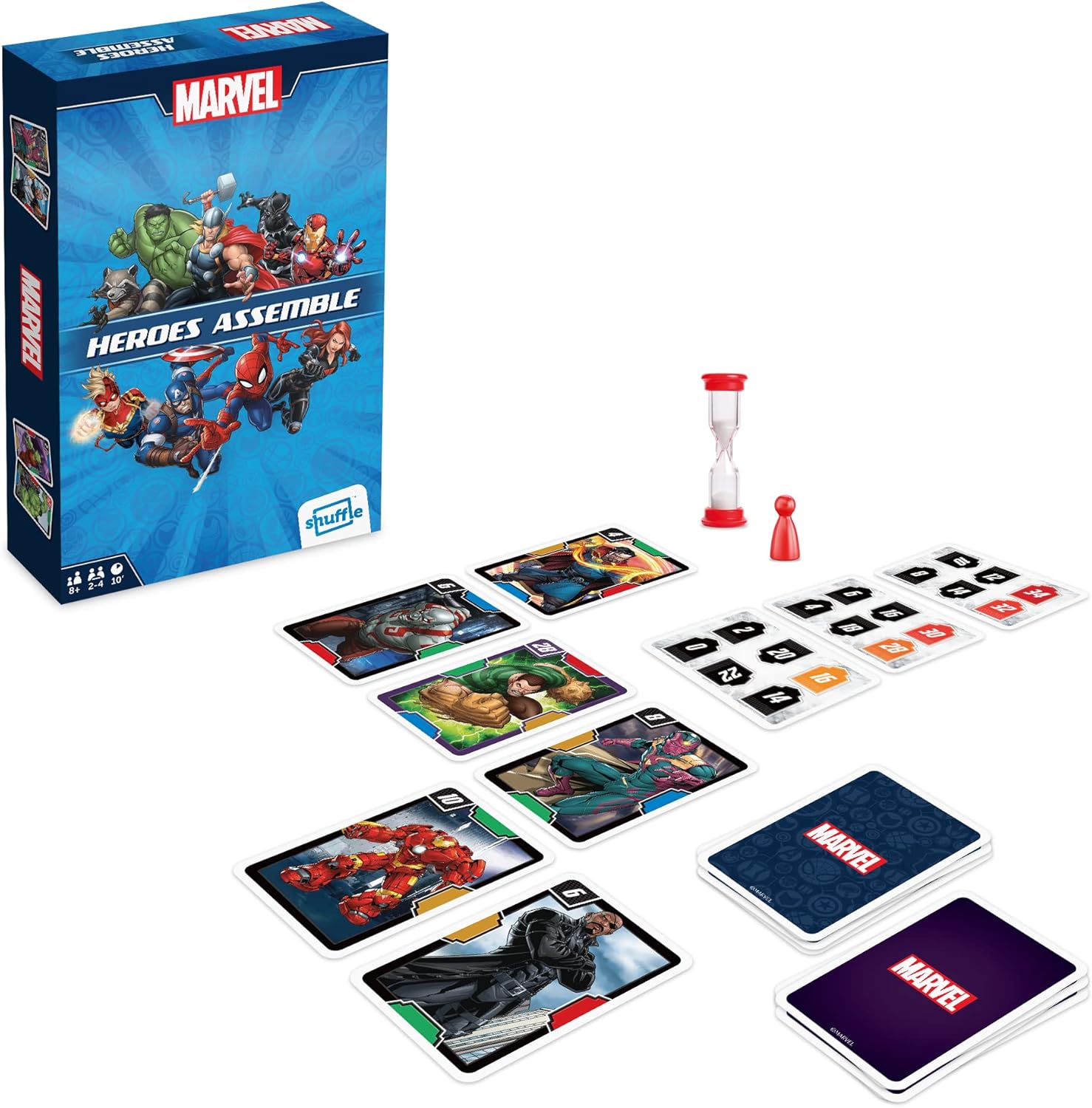 Shuffle Marvel Heroes Assemble Juego de cartas Victorias villanos en 6 minutos, 2 – 4 jugadores, gran regalo para niños a partir de 8 años