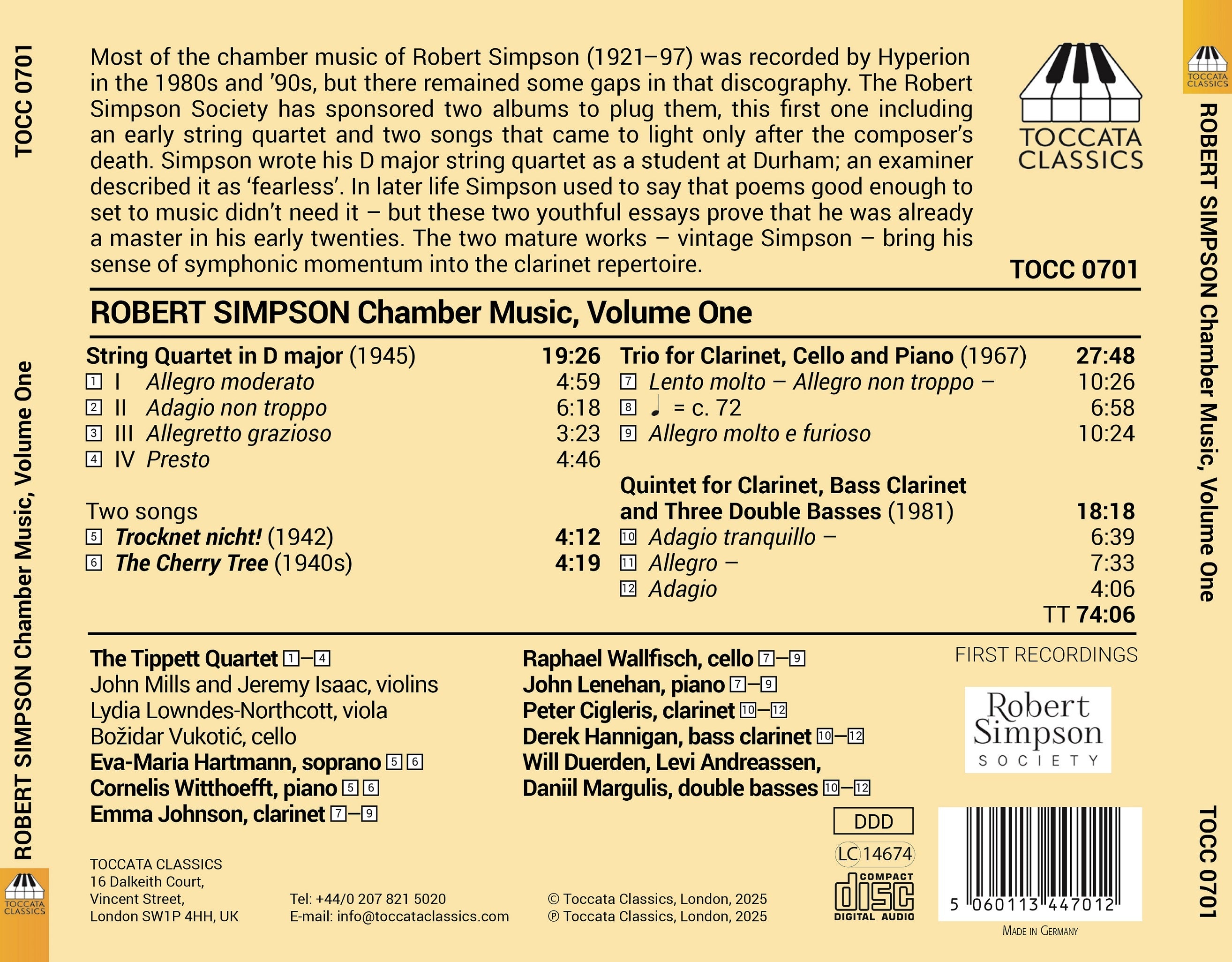 Robert Simpson: Chamber Music - Volume 1