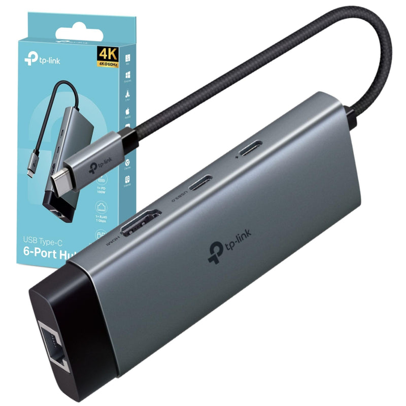 USB Type-C 6-Port Hub with a 4K@60Hz HDMI, 1 Gbps ethernet, 1× USB-C Data Ports, 2× USB-A Data Ports, powerful 100W Fast Charging, stable connection, Plug & Play (UH6120C