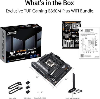 ASUS TUF GAMING B860M PLUS WIFI Intel mATX motherboard, 12+1+2+1 80A DrMOS power stages, DDR5, PCIe 5.0, 3xM.2 slots, WiFi 7, 2.5Gb Ethernet, DisplayPort, HDMI, USB 20Gbps Type-C with DP Alt mode