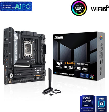 ASUS TUF GAMING B860M PLUS WIFI Intel mATX motherboard, 12+1+2+1 80A DrMOS power stages, DDR5, PCIe 5.0, 3xM.2 slots, WiFi 7, 2.5Gb Ethernet, DisplayPort, HDMI, USB 20Gbps Type-C with DP Alt mode