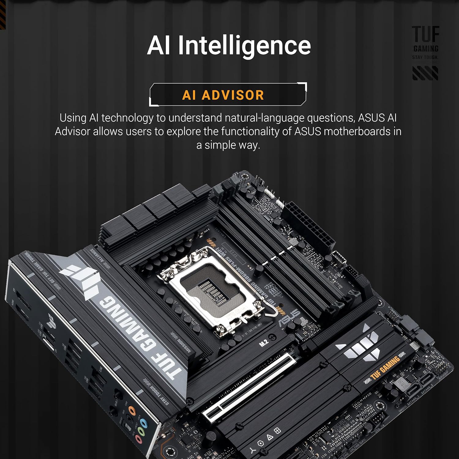 ASUS TUF GAMING B860M PLUS WIFI Intel mATX motherboard, 12+1+2+1 80A DrMOS power stages, DDR5, PCIe 5.0, 3xM.2 slots, WiFi 7, 2.5Gb Ethernet, DisplayPort, HDMI, USB 20Gbps Type-C with DP Alt mode
