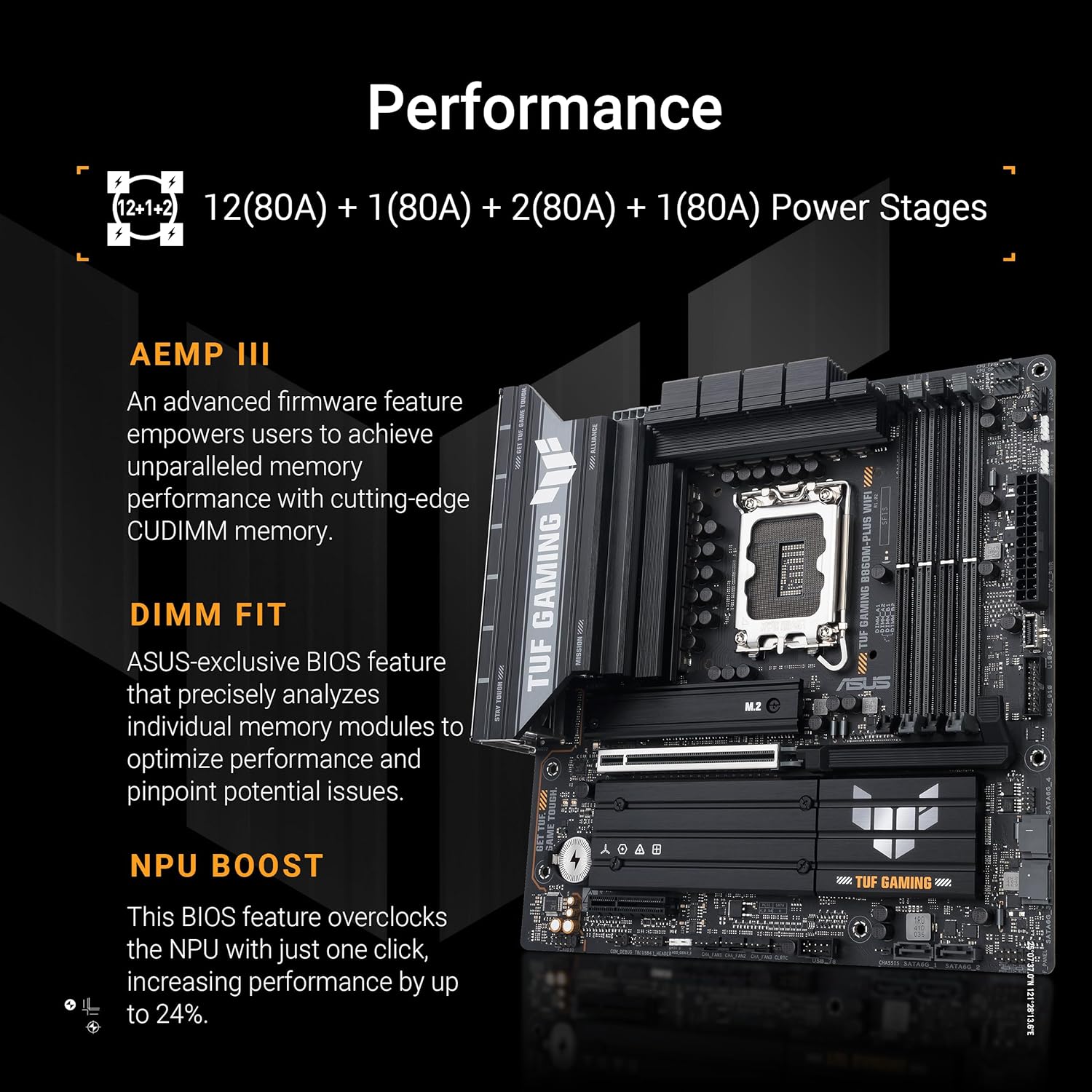 ASUS TUF GAMING B860M PLUS WIFI Intel mATX motherboard, 12+1+2+1 80A DrMOS power stages, DDR5, PCIe 5.0, 3xM.2 slots, WiFi 7, 2.5Gb Ethernet, DisplayPort, HDMI, USB 20Gbps Type-C with DP Alt mode