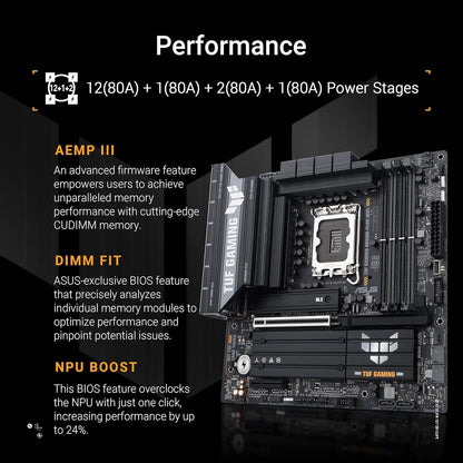 ASUS TUF GAMING B860M PLUS WIFI Intel mATX motherboard, 12+1+2+1 80A DrMOS power stages, DDR5, PCIe 5.0, 3xM.2 slots, WiFi 7, 2.5Gb Ethernet, DisplayPort, HDMI, USB 20Gbps Type-C with DP Alt mode