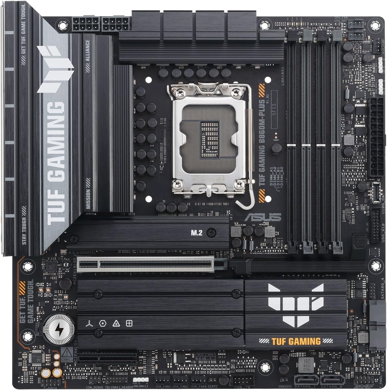 ASUS TUF GAMING B860M-PLUS Intel mATX motherboard, 12+1+2+1 80A DrMOS power stages, DDR5, PCIe 5.0, 3xM.2 slots, Realtek 2.5Gb Ethernet, DisplayPort, HDMI, USB 20Gbps Type-C with DP Alt mode