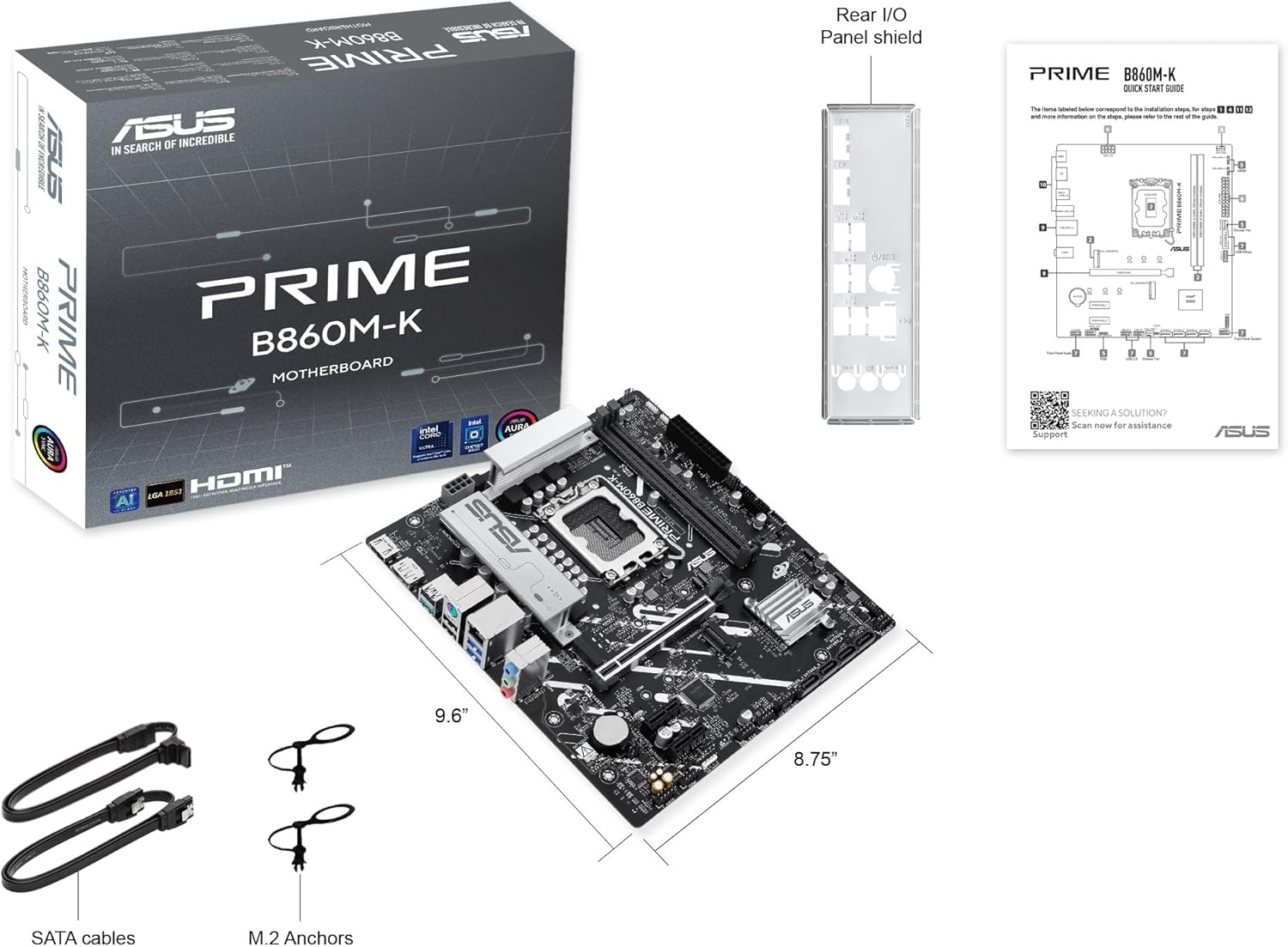ASUS PRIME B860M-K, Scheda Madre Intel mATX, 6+1+1+1 Fasi di Alimentazione, Slot DDR5, PCIe 4.0, 2 Slot M.2, Ethernet Realtek 2.5 GB, DisplayPort, HDMI, USB-A 10 Gbps, USB-C 5 Gbps, Nera