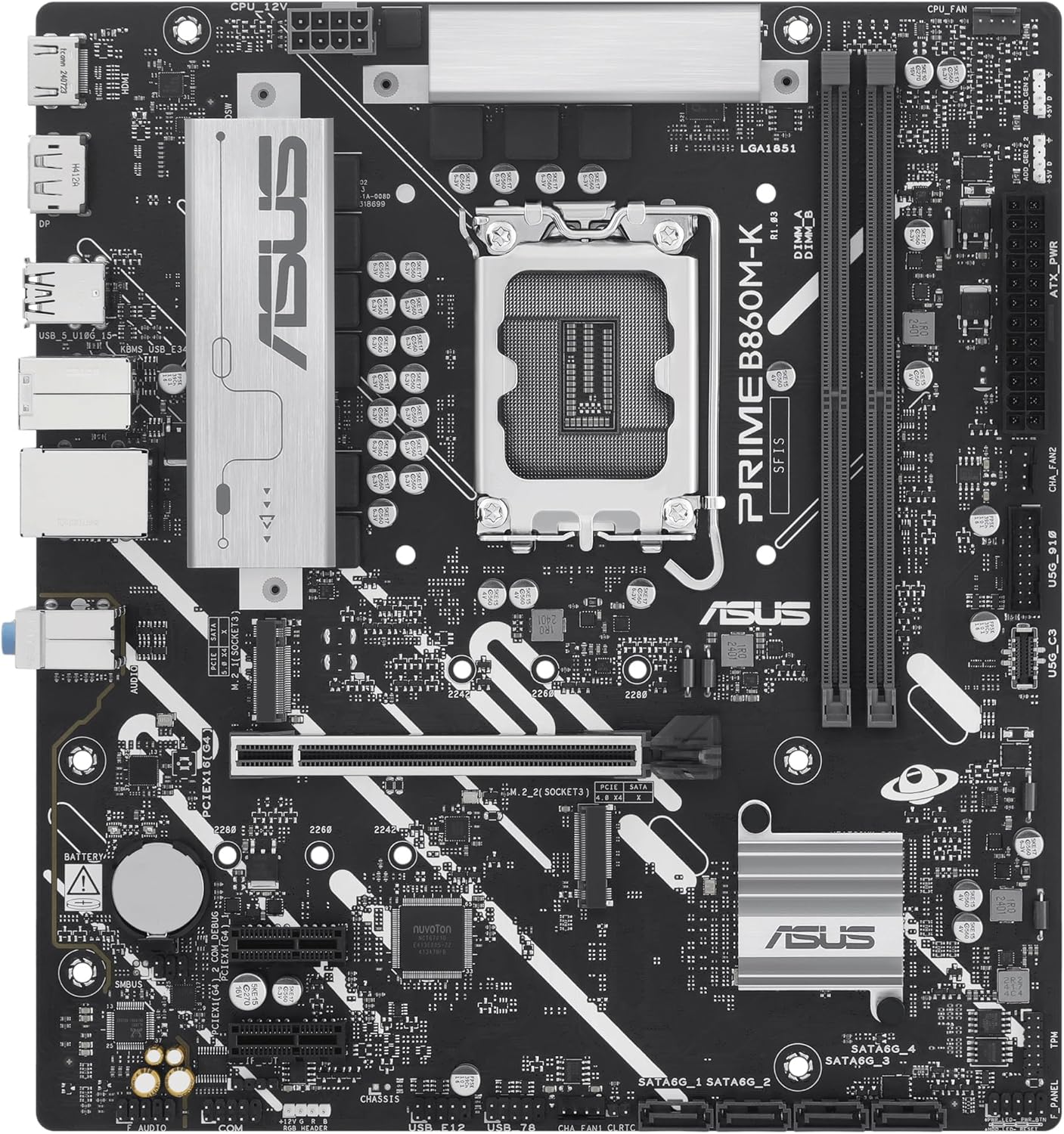 ASUS PRIME B860M-K, Scheda Madre Intel mATX, 6+1+1+1 Fasi di Alimentazione, Slot DDR5, PCIe 4.0, 2 Slot M.2, Ethernet Realtek 2.5 GB, DisplayPort, HDMI, USB-A 10 Gbps, USB-C 5 Gbps, Nera