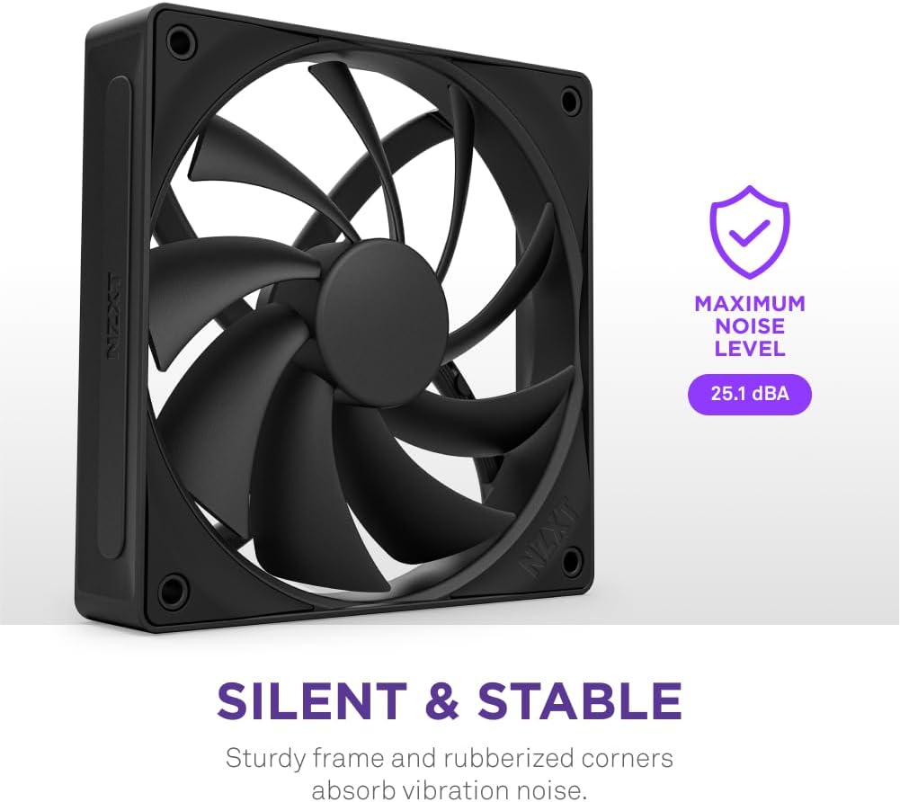 NZXT F120Q | 120mm Quiet Airflow PC Case Fan | Intake or Exhaust | Chamfered Frame for Concentrated Air | Fluid Dynamic Bearings | Low Noise | PWM Control | Black Quiet Airflow 2024 120mm Black