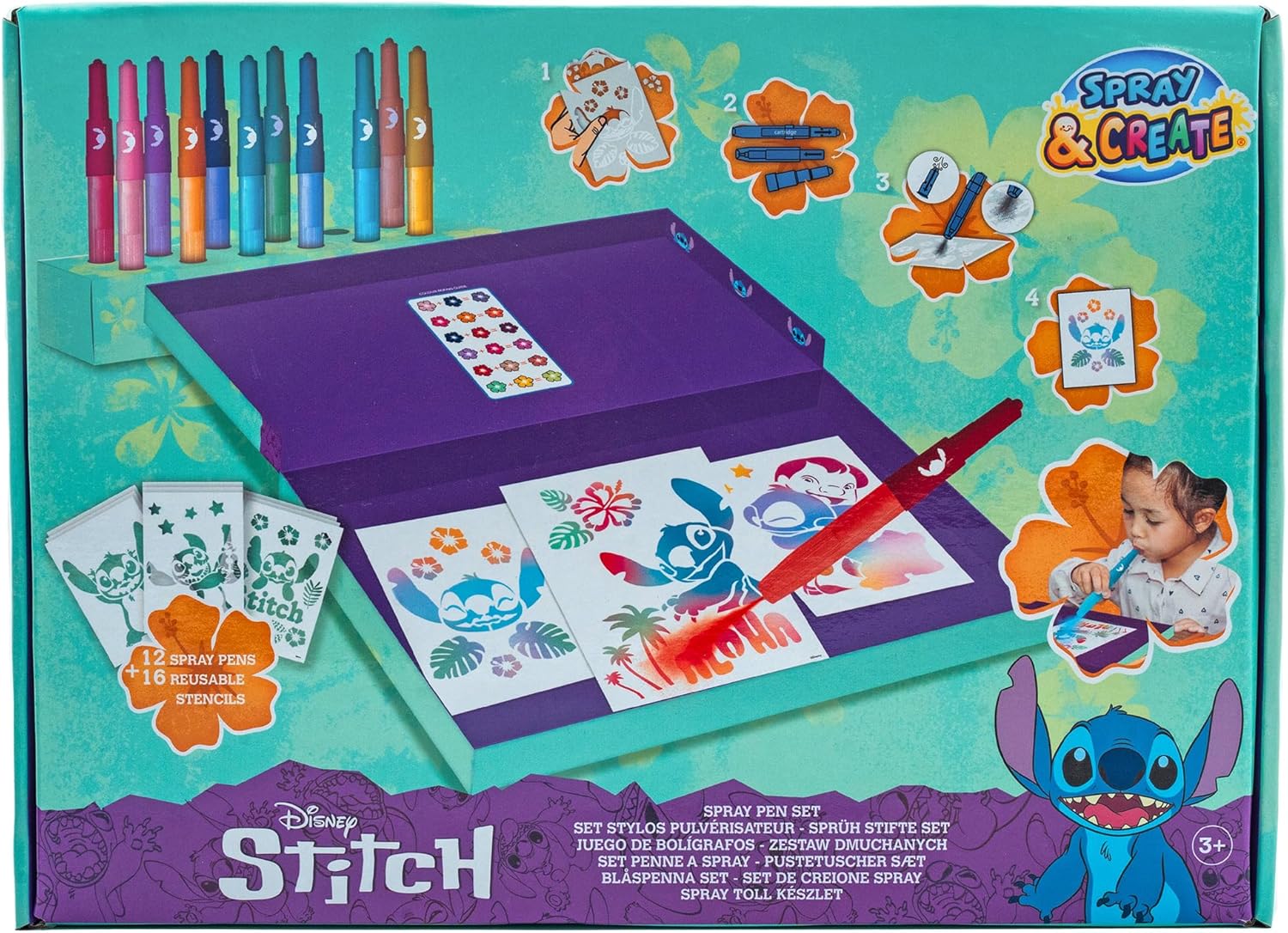 Disney - Lilo & Stitch - Spray Pen Set Desktop Box - Kleurstiften voor kinderen - Schilderset met Blaaspennen en Schildersjablonen