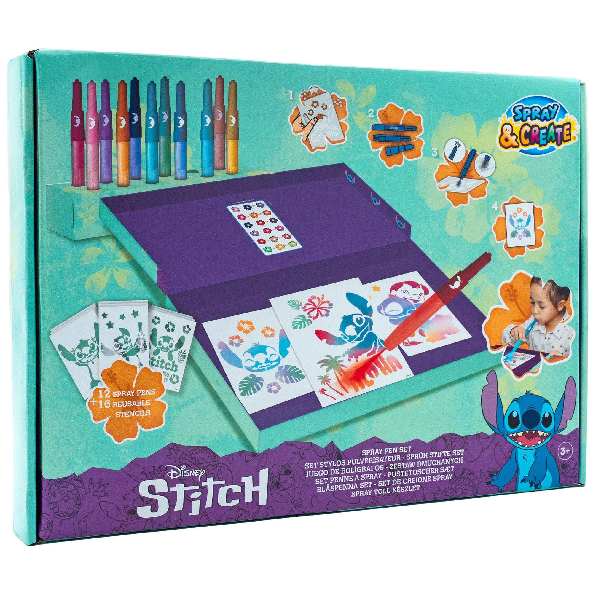 Disney - Lilo & Stitch - Spray Pen Set Desktop Box - Kleurstiften voor kinderen - Schilderset met Blaaspennen en Schildersjablonen