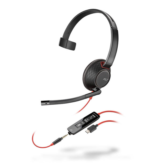 Poly Blackwire 5210 Wired Headset (Plantronics) - Flexible Noise-Canceling Boom Mic – Single-Ear Design - Connect to PC/Mac, Mobile via USB-C, USB-A, or 3.5 mm - Works w/Teams, Zoom 2023 Version (USB-C & USB-A)