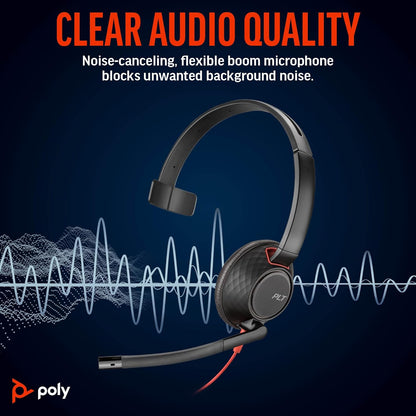 Poly Blackwire 5210 Wired Headset (Plantronics) - Flexible Noise-Canceling Boom Mic – Single-Ear Design - Connect to PC/Mac, Mobile via USB-C, USB-A, or 3.5 mm - Works w/Teams, Zoom 2023 Version (USB-C & USB-A)