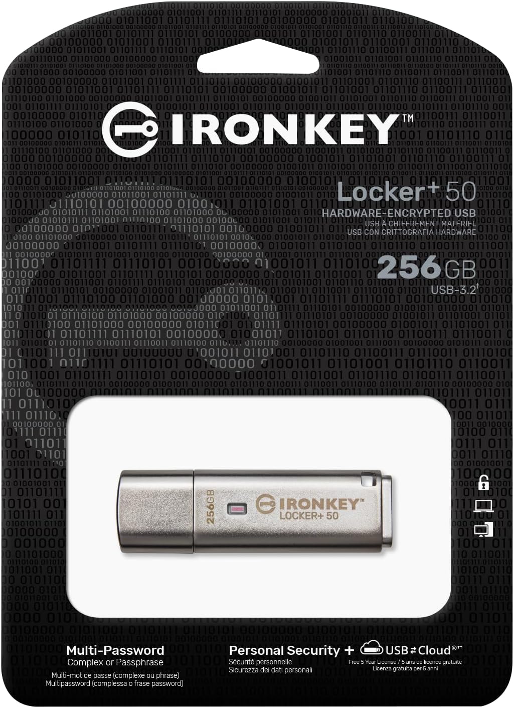 Kingston IronKey Locker+ 50 USB Flash Drive XTS-AES Encrypted for Data Protection with Automatic USBtoCloud Back Up-IKLP50/