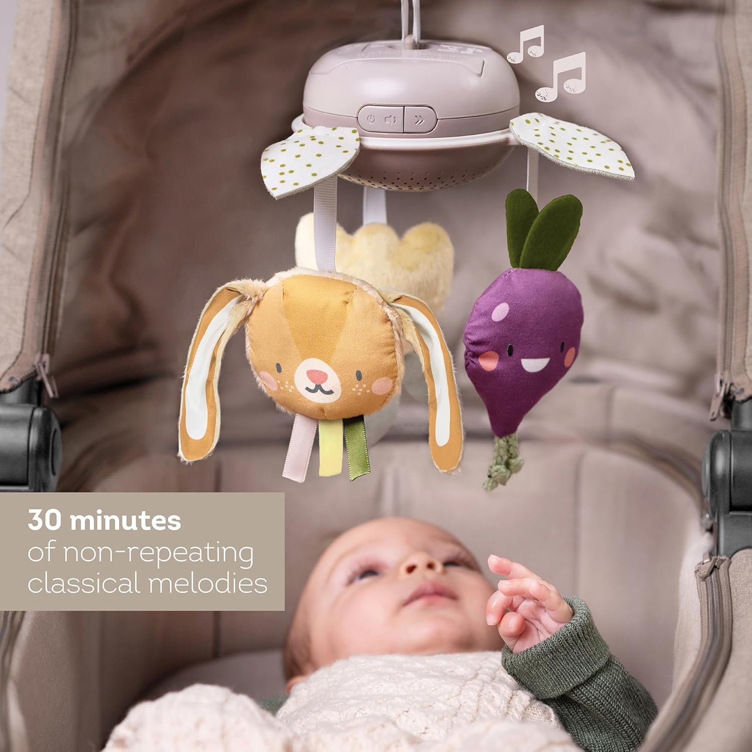 Taf Toys Móvil musical de jardín para cuna con melodías clásicas, juguetes colgantes suaves, promueve las habilidades motoras y el desarrollo emocional, clip grande para una fácil fijación, adecuado