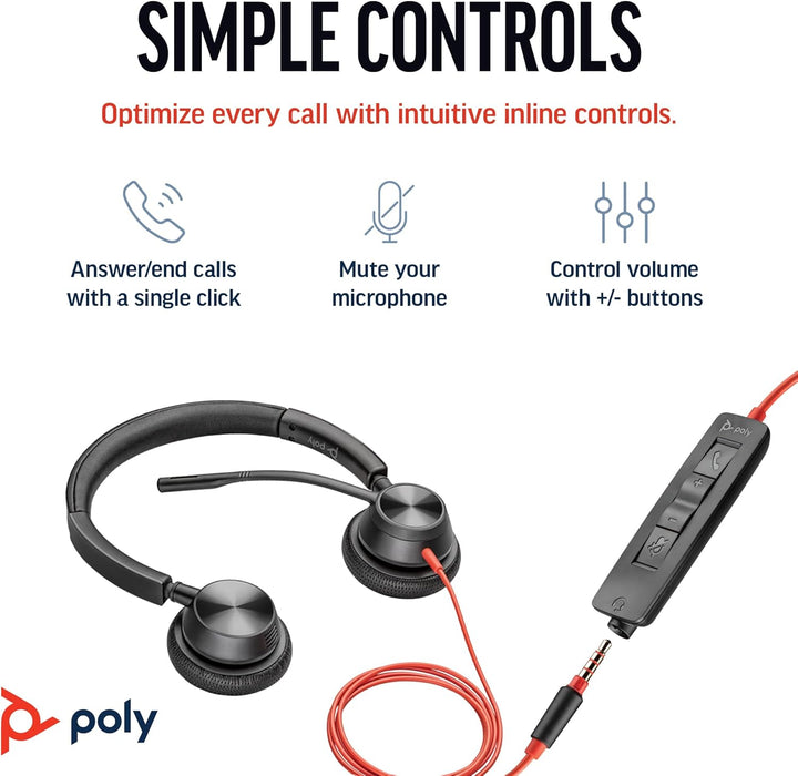 Poly Blackwire 3325 Wired Headset – Flexible Microphone Boom – Hi-fi Stereo - Connect to PC/Mac/Mobile via USB-C, USB-A, or 3.5 mm - Works with Teams, Zoom