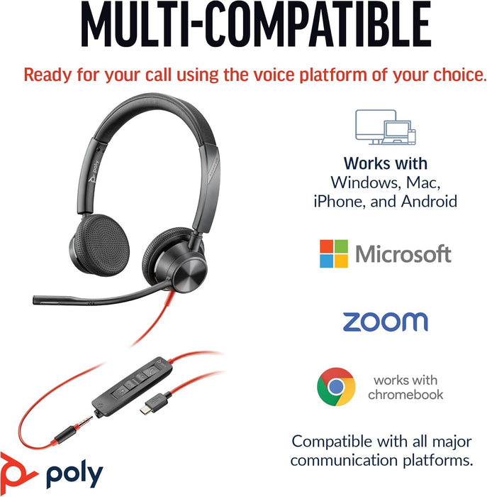 Poly Blackwire 3325 Wired Headset – Flexible Microphone Boom – Hi-fi Stereo - Connect to PC/Mac/Mobile via USB-C, USB-A, or 3.5 mm - Works with Teams, Zoom
