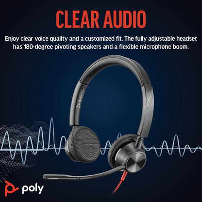 Poly Blackwire 3325 Wired Headset – Flexible Microphone Boom – Hi-fi Stereo - Connect to PC/Mac/Mobile via USB-C, USB-A, or 3.5 mm - Works with Teams, Zoom