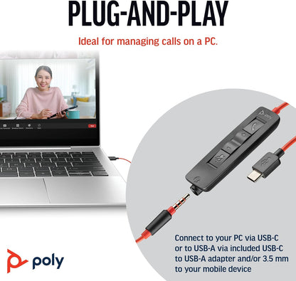 Poly Blackwire 3325 Wired Headset – Flexible Microphone Boom – Hi-fi Stereo - Connect to PC/Mac/Mobile via USB-C, USB-A, or 3.5 mm - Works with Teams, Zoom