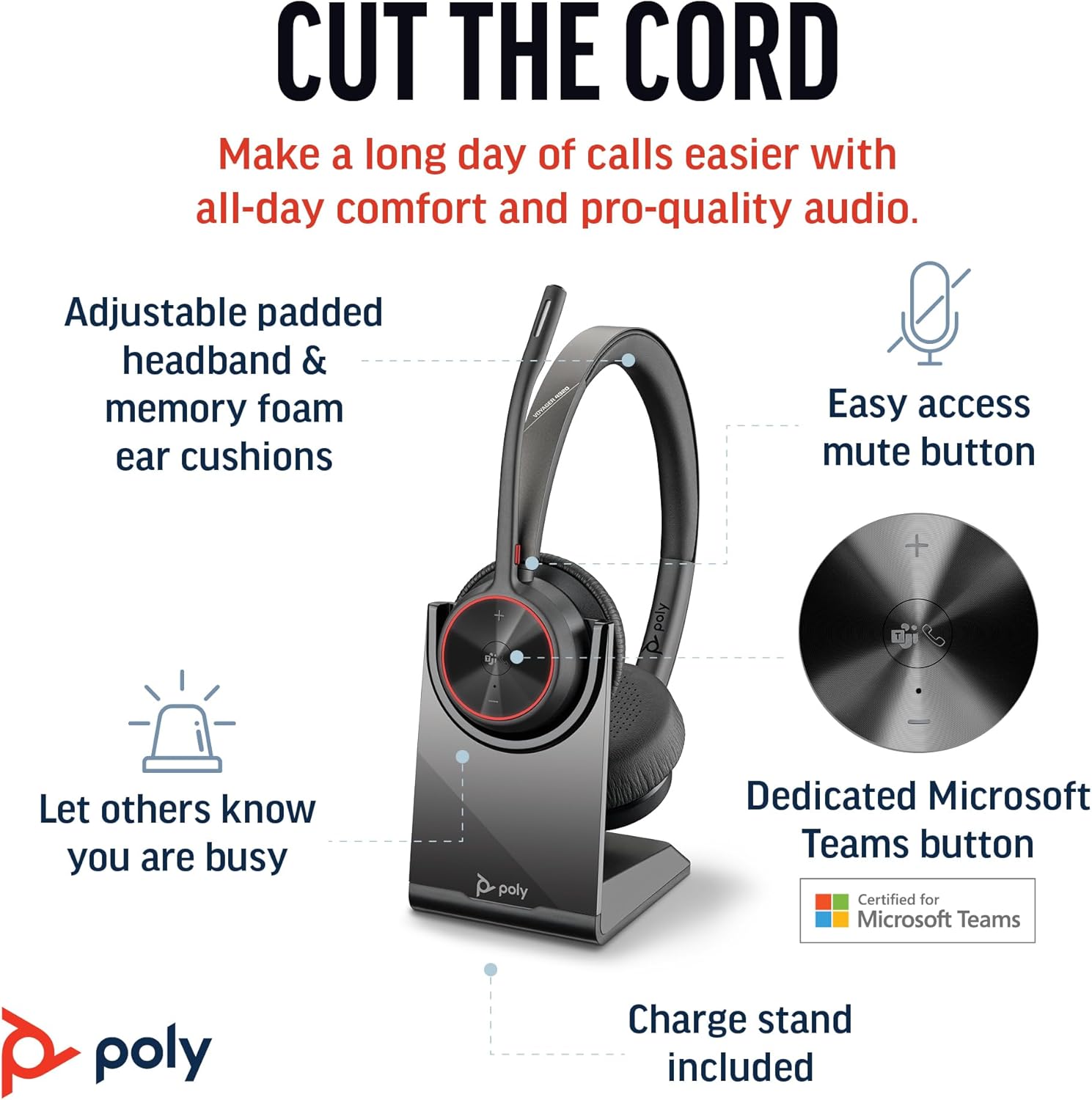 Poly Voyager 4320 UC Wireless Headset & Charge Stand - Noise-Canceling Boom Mic - Connect PC/Mac/Mobile via Bluetooth -Works w/Teams (Certified), Zoom Teams certified 2024 Version (USB-C & USB-A)