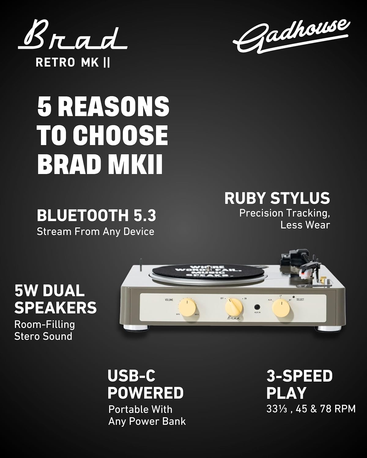 Brad Mkii Record Player (Built-In Bluetooth 5.0 & Pitch Control) (Grey)