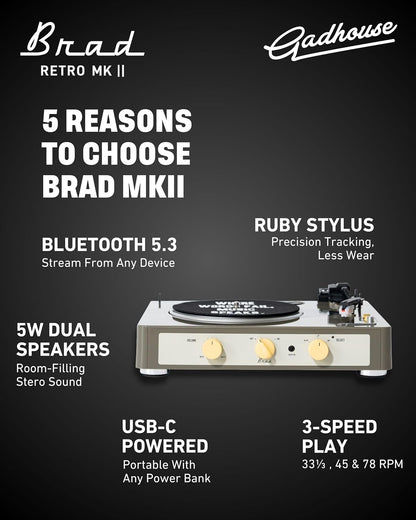 Brad Mkii Record Player (Built-In Bluetooth 5.0 & Pitch Control) (Grey)