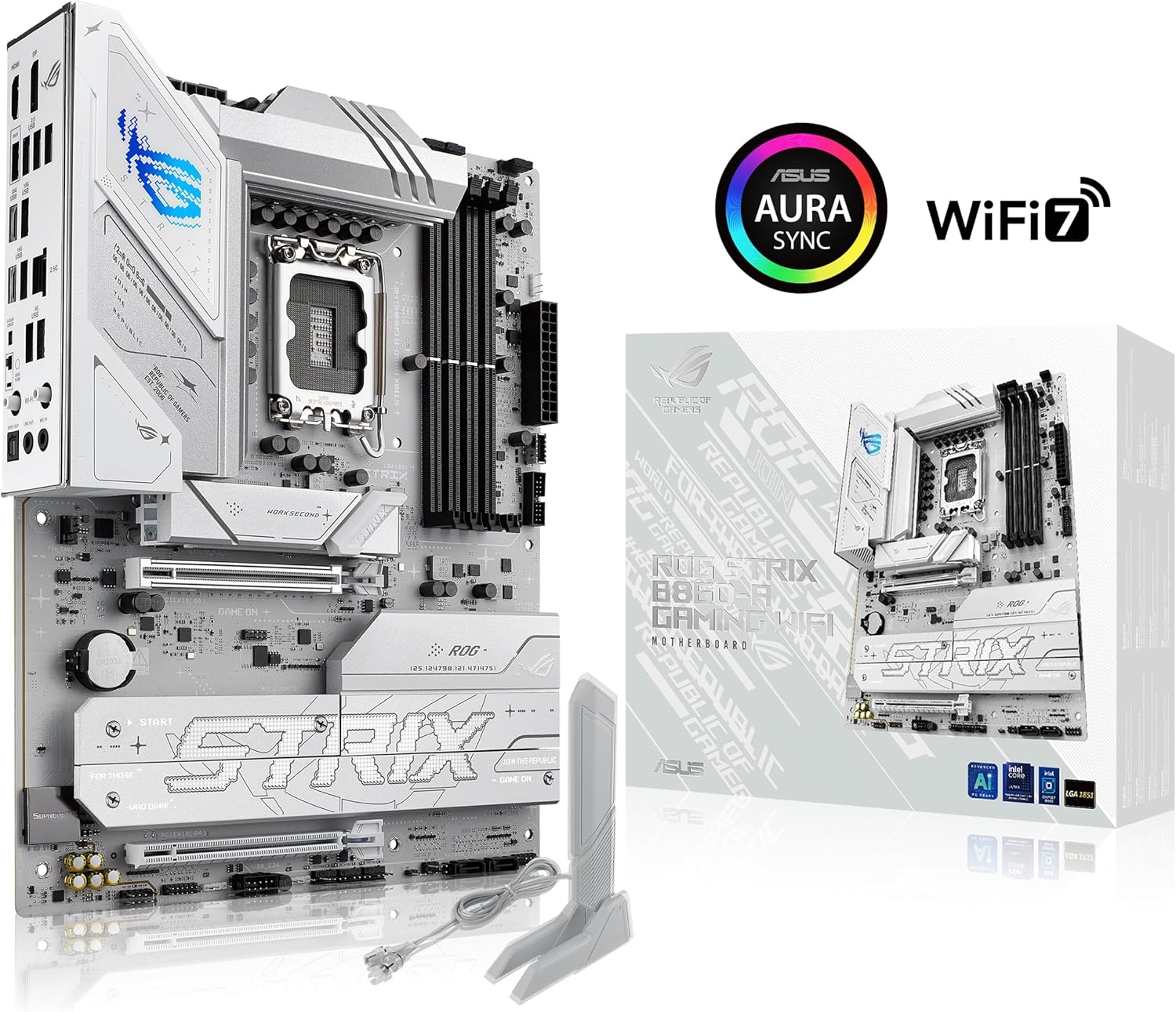 ASUS ROG Strix B860-A Gaming WiFi ATX motherboard, Advanced AI PC-ready, 14+1+2+1 power stages,DDR5 slots, PCIe 5.0, four M.2 slots, WiFi 7, AI Networking II, Aura Sync RGB lighting.