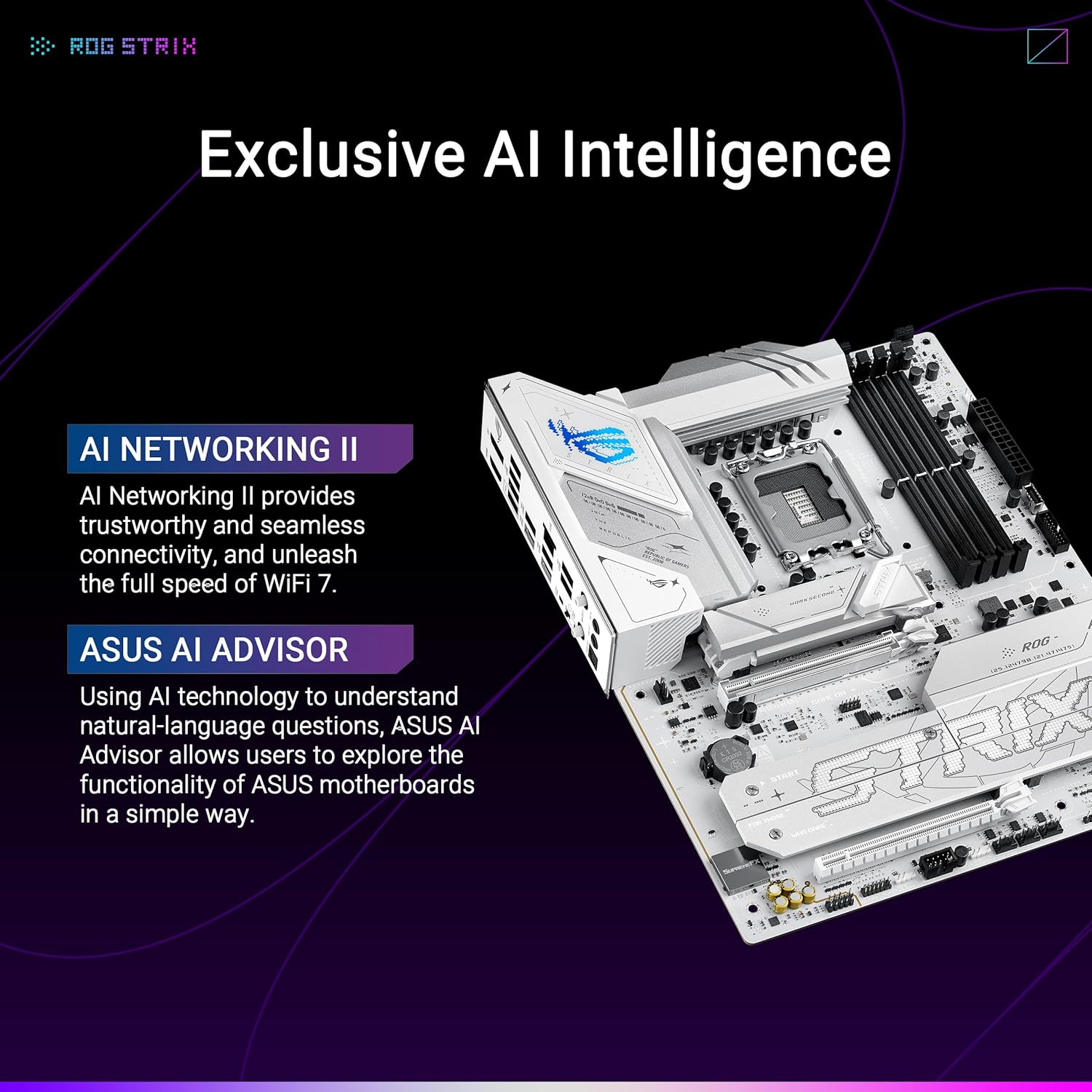 ASUS ROG Strix B860-A Gaming WiFi ATX motherboard, Advanced AI PC-ready, 14+1+2+1 power stages,DDR5 slots, PCIe 5.0, four M.2 slots, WiFi 7, AI Networking II, Aura Sync RGB lighting.