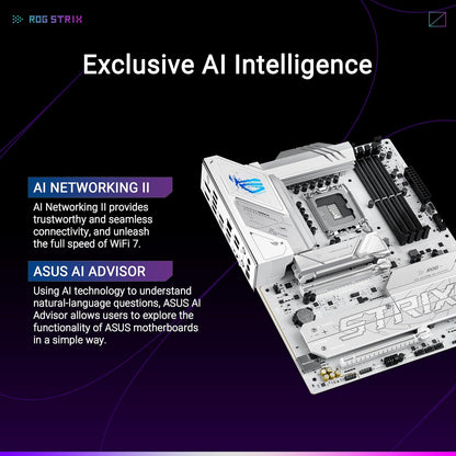 ASUS ROG Strix B860-A Gaming WiFi ATX motherboard, Advanced AI PC-ready, 14+1+2+1 power stages,DDR5 slots, PCIe 5.0, four M.2 slots, WiFi 7, AI Networking II, Aura Sync RGB lighting.