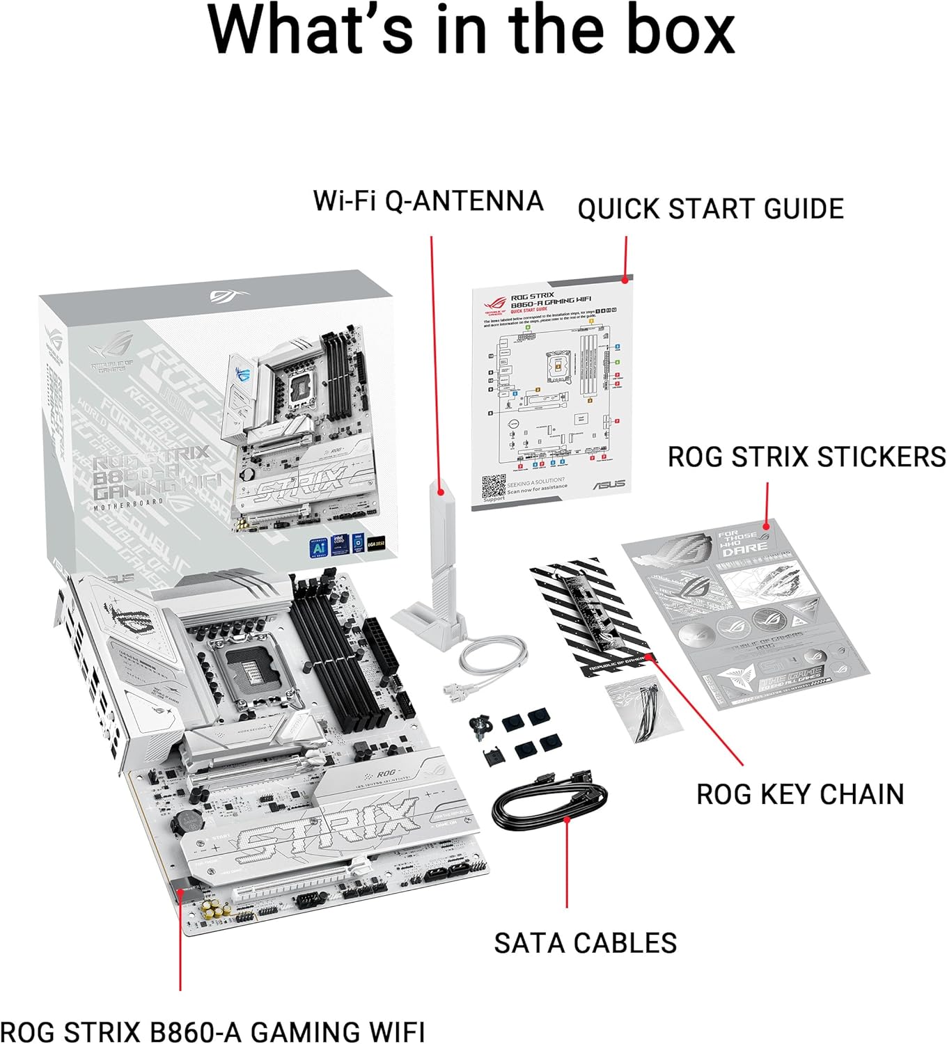 ASUS ROG Strix B860-A Gaming WiFi ATX motherboard, Advanced AI PC-ready, 14+1+2+1 power stages,DDR5 slots, PCIe 5.0, four M.2 slots, WiFi 7, AI Networking II, Aura Sync RGB lighting.