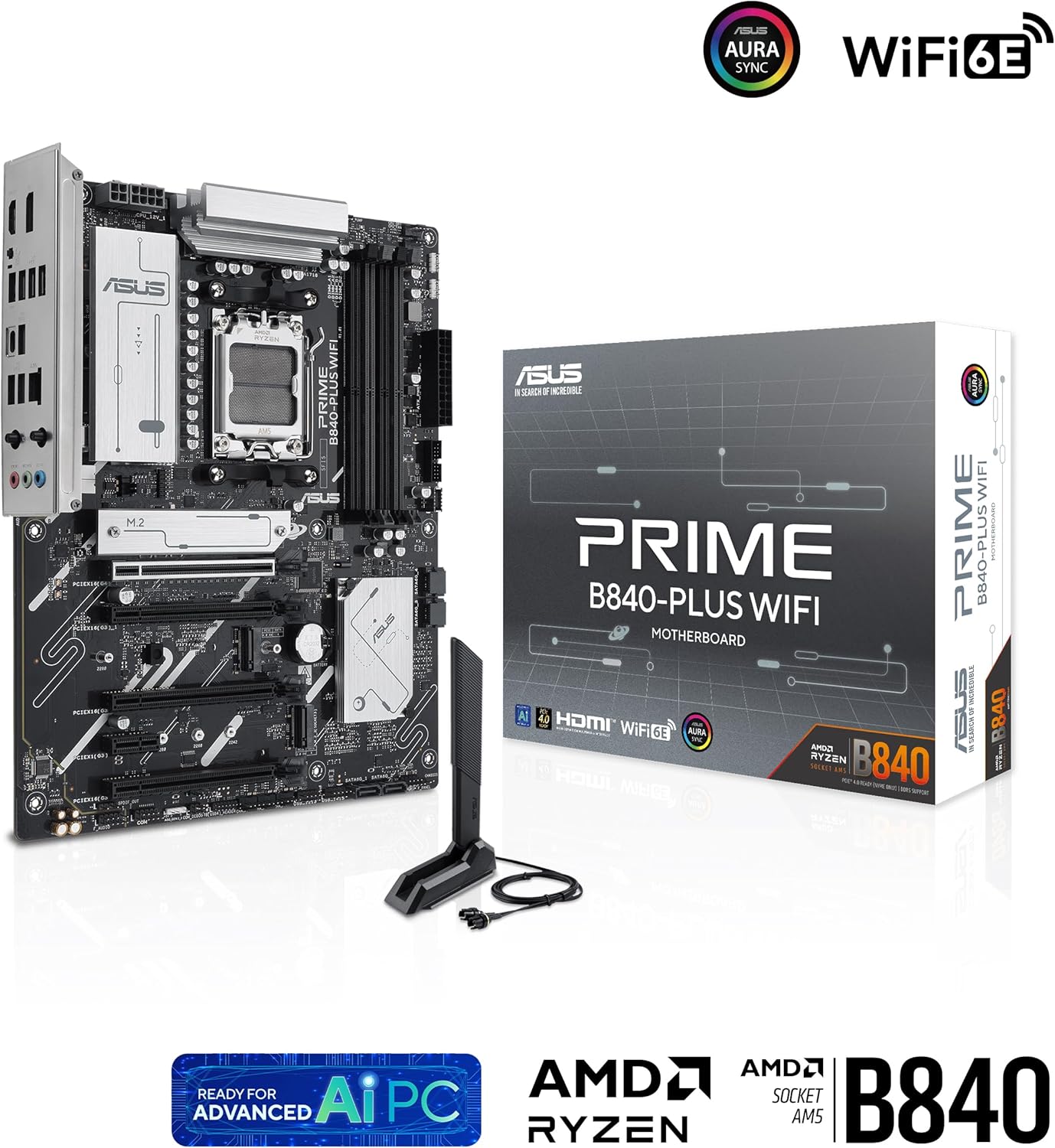 ASUS PRIME B840-PLUS WIFI AMD B840 ATX motherboard, DDR5, PCIe 4.0 Ready, three M.2 slots, Wi-Fi 6E, Realtek 2.5Gb Ethernet, DisplayPort, HDMI, rear USB 10Gbps Type-A & Type-C support, BIOS FlashBack