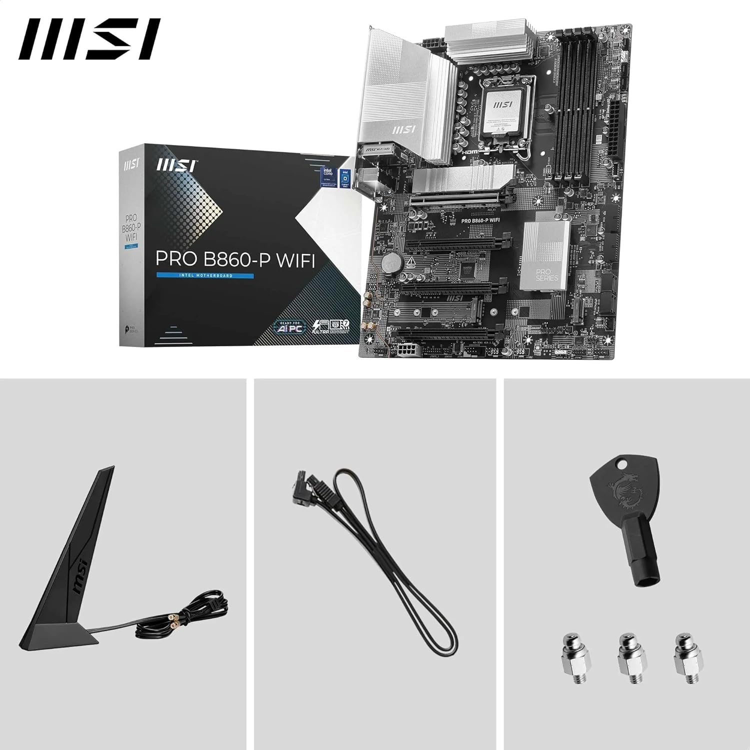 MSI PRO B860-P WIFI Motherboard, ATX - Supports Intel Core Ultra Processors (Series 2), LGA 1851-12 DRPS, DDR5 Memory Boost (8600+ MT/s OC), PCIe 5.0 x16 & 4.0 x16, M.2 Gen5, Wi-Fi 7, 5G LAN