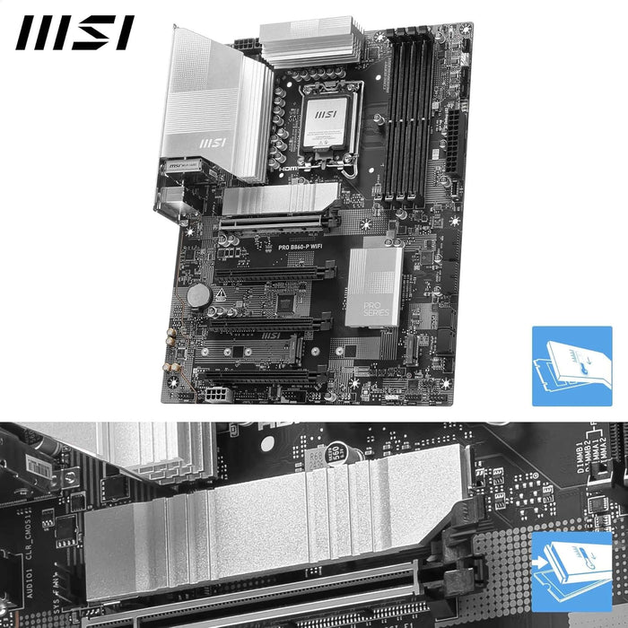 MSI PRO B860-P WIFI Motherboard, ATX - Supports Intel Core Ultra Processors (Series 2), LGA 1851-12 DRPS, DDR5 Memory Boost (8600+ MT/s OC), PCIe 5.0 x16 & 4.0 x16, M.2 Gen5, Wi-Fi 7, 5G LAN