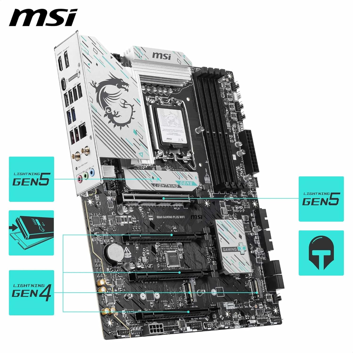 MSI B860 GAMING PLUS WIFI Motherboard, ATX - Supports Intel Core Ultra Processors (Series 2), LGA 1851 - DDR5 Memory Boost 8600+ MT/s (OC), PCIe 5.0 x16 x16, M.2 Gen5, Intel Killer 5G LAN, Wi-Fi 7