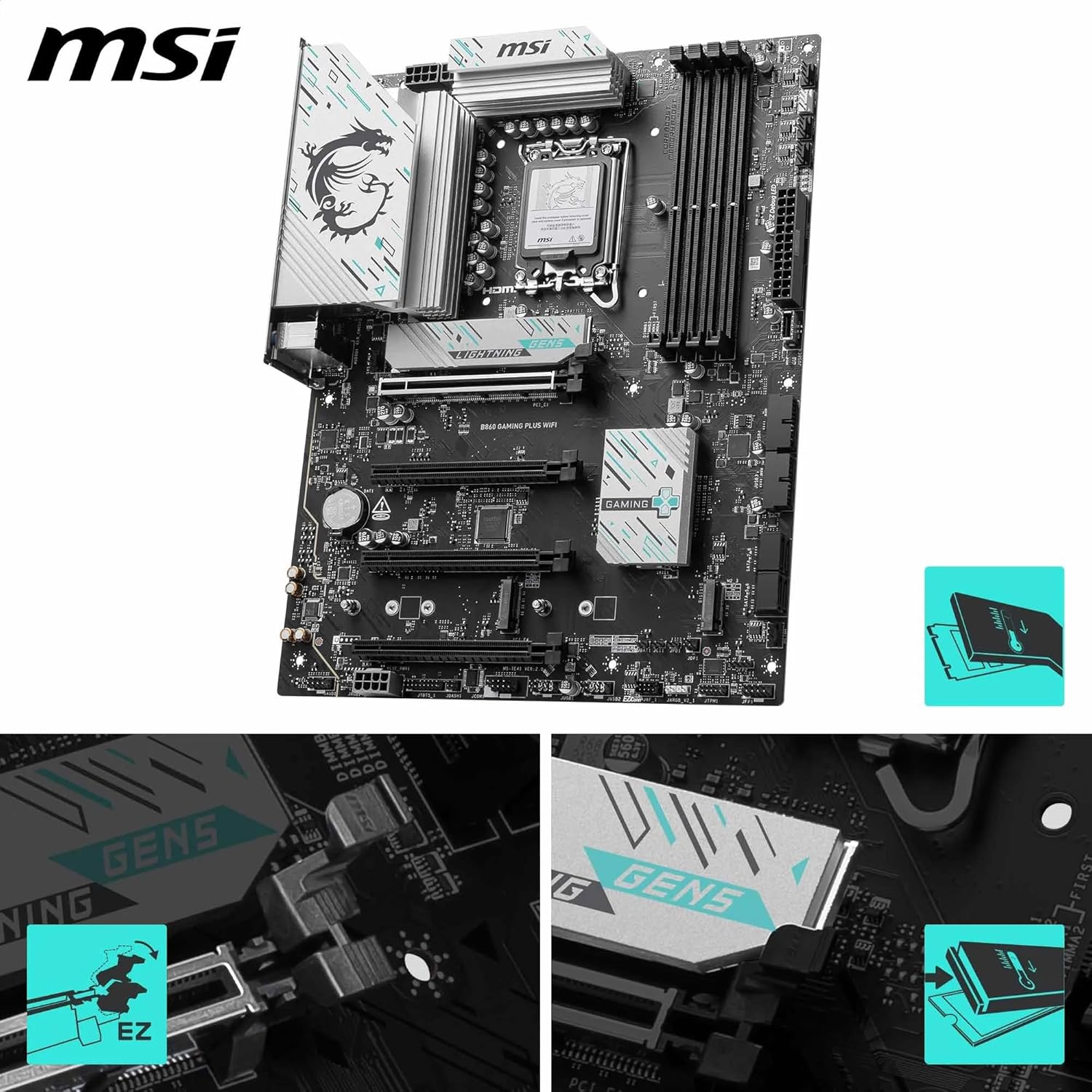 MSI B860 GAMING PLUS WIFI Motherboard, ATX - Supports Intel Core Ultra Processors (Series 2), LGA 1851 - DDR5 Memory Boost 8600+ MT/s (OC), PCIe 5.0 x16 x16, M.2 Gen5, Intel Killer 5G LAN, Wi-Fi 7