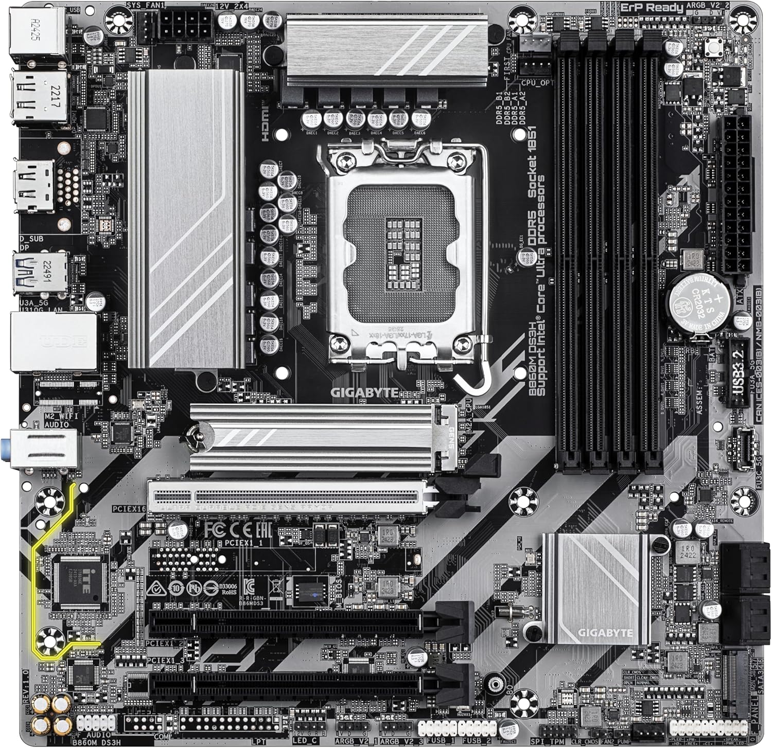 GIGABYTE B860M DS3H Motherboard - Intel Core Ultra Series CPUs, 5+1+2+1 Phases VRM, up to 9066MHz DDR5, 1xPCIe 5.0 + 1xPCIe 4.0 M.2, 2.5GbE LAN, USB 3.2 Gen 2
