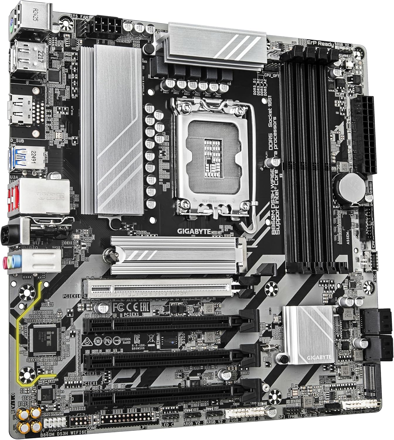 GIGABYTE B860M DS3H WIFI6E Motherboard - Intel Core Ultra Series CPUs, 5+1+2+1 Phases VRM, up to 9066MHz DDR5, 1xPCIe 5.0 + 1xPCIe 4.0 M.2, 2.5GbE LAN, WIFI 6E, USB 3.2 Gen 2