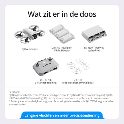 DJI Neo Fly More Combo, Mini drone met 4K UHD-camera voor volwassenen, een zelf-vliegende drone van 135 g die u volgt, opstijgen vanaf uw palm, onderwerp volgen met AI, met RC-N3 en 3 batterijen