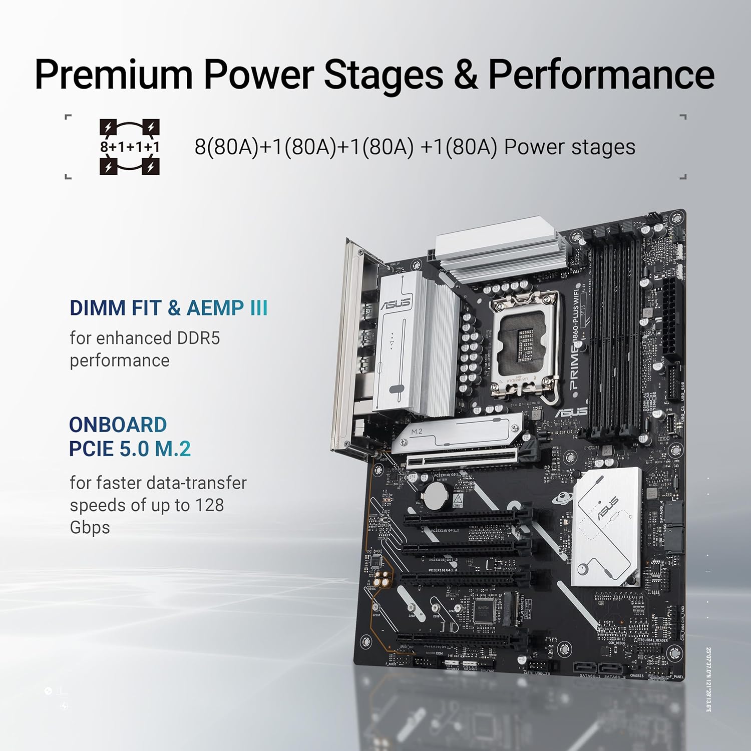 ASUS PRIME B860-PLUS WIFI Intel ATX motherboard, 8+1+1+1 80A DrMOS power stages, DDR5, PCIe 5.0, 2xM.2 slots, Realtek 2.5Gb Ethernet, Wi-Fi 6E, DisplayPort, HDMI, USB 20Gbps Type-C