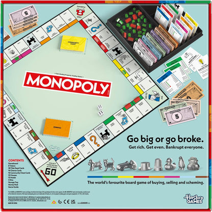 Monopoly Board Game with Storage Tray and Larger Tokens - English Version