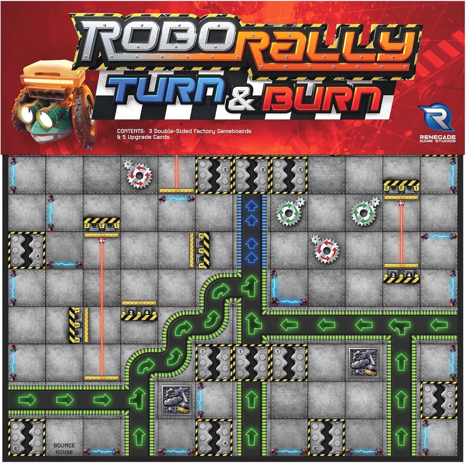 Renegade Game Studios: Robo Rally: Turn & Burn Expansion - Racing Board Game, New Elements & Radiation Cards, Ages 12+, 2-6 Players, 45-90 mins