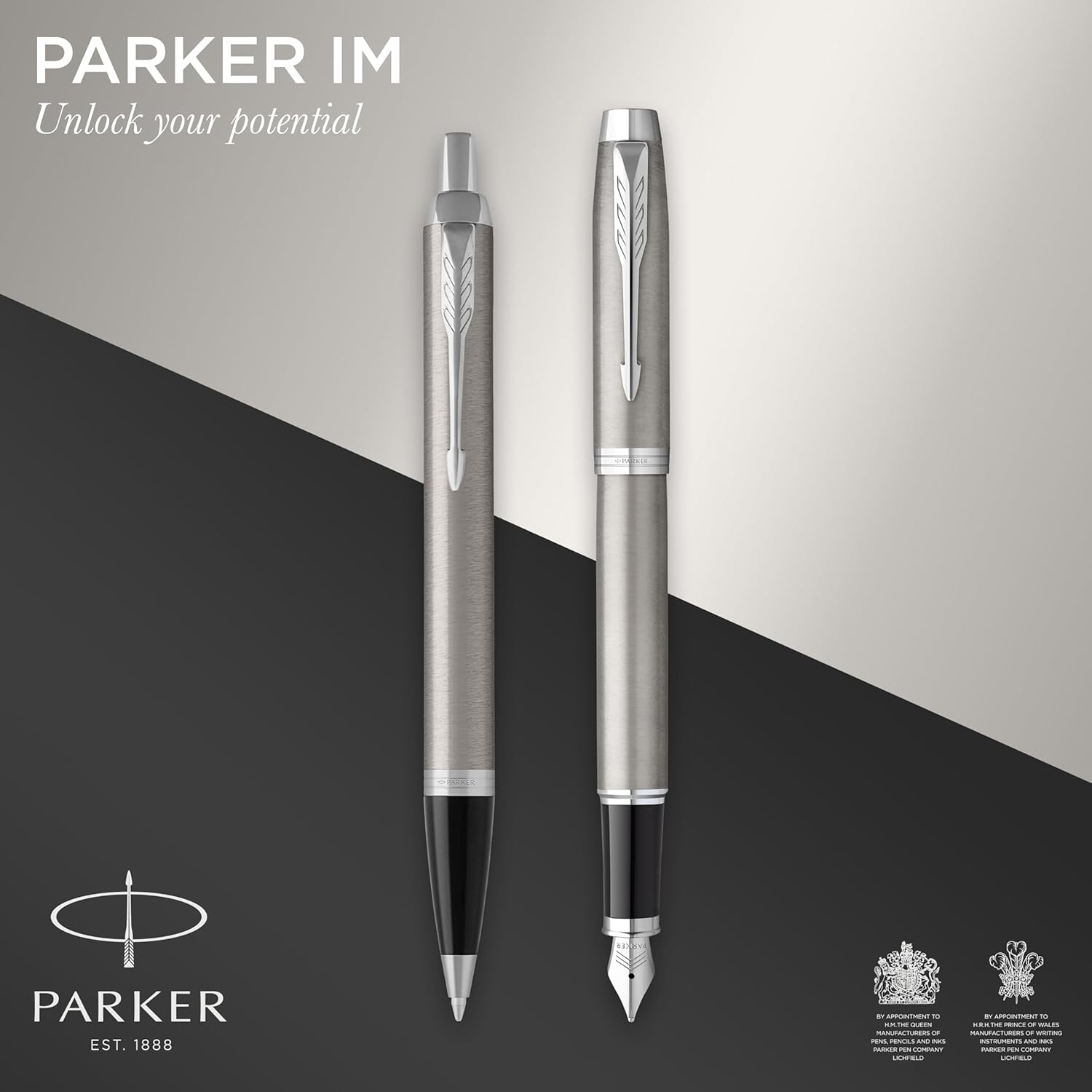Parker IM Duo Pen Gift Set | Stilografica, penna a sfera e astuccio per penna | Finitura in acciaio inox con finiture cromate | Punta media | Ricariche inchiostro blu | Regali di laurea perfetti