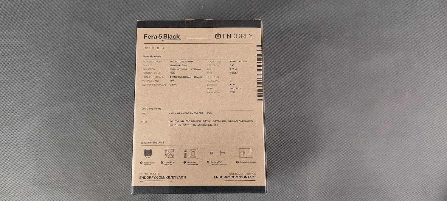ENDORFY Fera 5 Black, cpu cooler, am4 cooler, Fluctus 120mm fan, multi-socket AMD and Intel compatibility, 6 year warranty, am5 cpu cooler, AM5, LGA1700, LGA1200, EY3A011