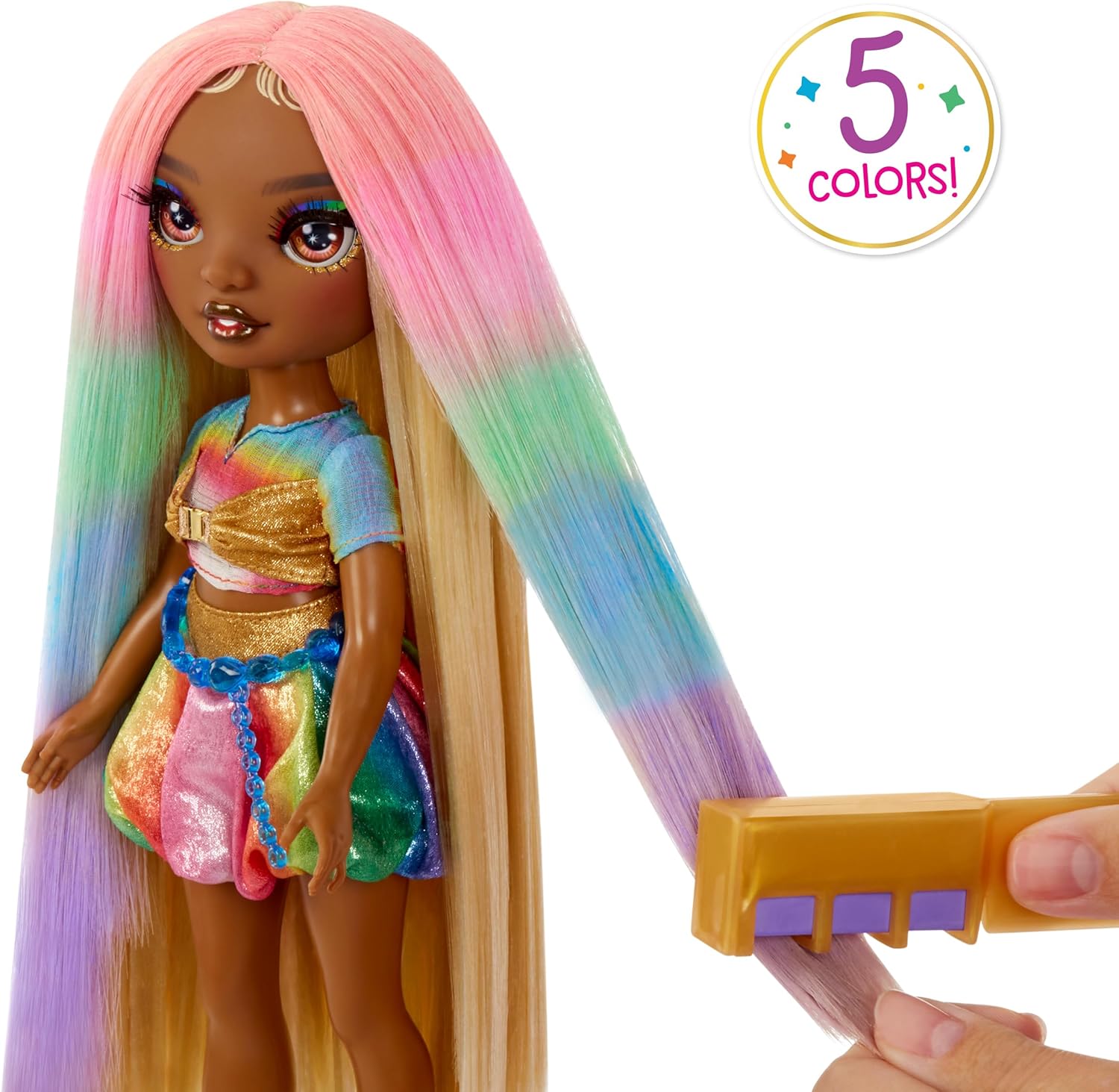RAINBOW HIGH Hair Chalk & Style Poupée - Meline - Poupée Or & Arc-en-Ciel 28 cm, Craie à Cheveux Lavable, Colorez, Coiffez, Jouez, Rincez et Recommencez, Enfants de 4 à 12 Ans et +