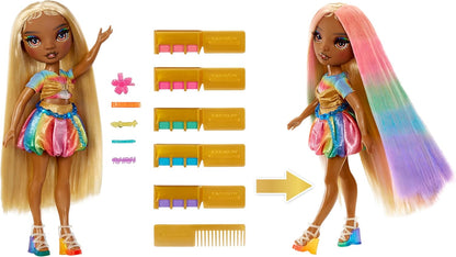RAINBOW HIGH Hair Chalk & Style Poupée - Meline - Poupée Or & Arc-en-Ciel 28 cm, Craie à Cheveux Lavable, Colorez, Coiffez, Jouez, Rincez et Recommencez, Enfants de 4 à 12 Ans et +