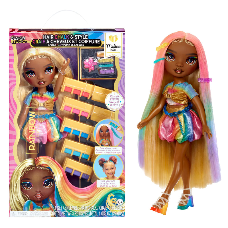 RAINBOW HIGH Hair Chalk & Style Poupée - Meline - Poupée Or & Arc-en-Ciel 28 cm, Craie à Cheveux Lavable, Colorez, Coiffez, Jouez, Rincez et Recommencez, Enfants de 4 à 12 Ans et +
