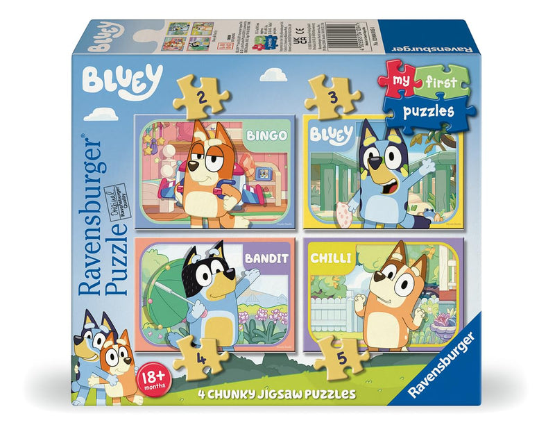Ravensburger - My first Puzzle Bluey, Puzzle Bambini, Puzzle 18 mesi, 4 puzzle in 1, 2/3/4/5 pezzi